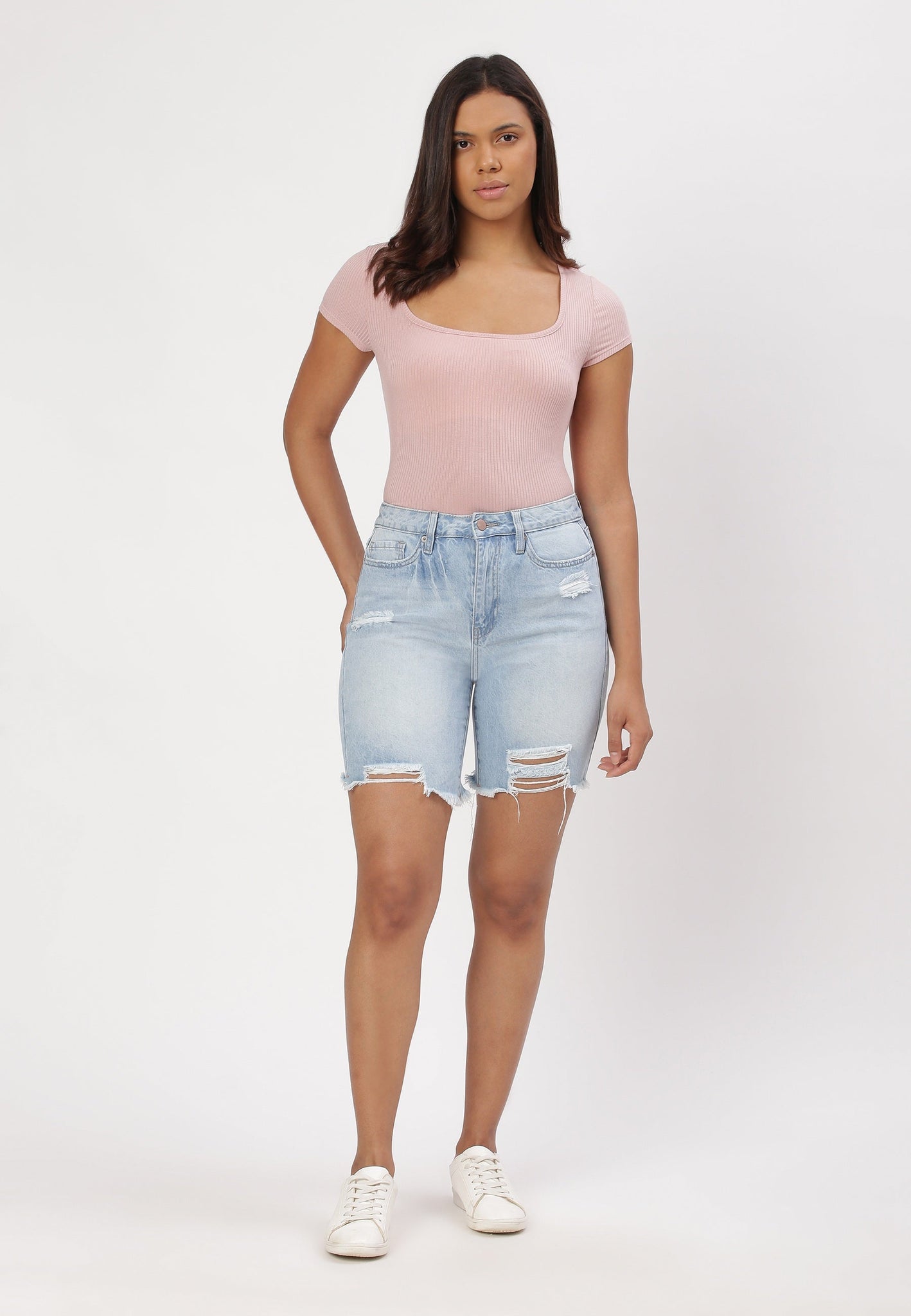 Light Indigo High Rise Mom Fit Denim Shorts