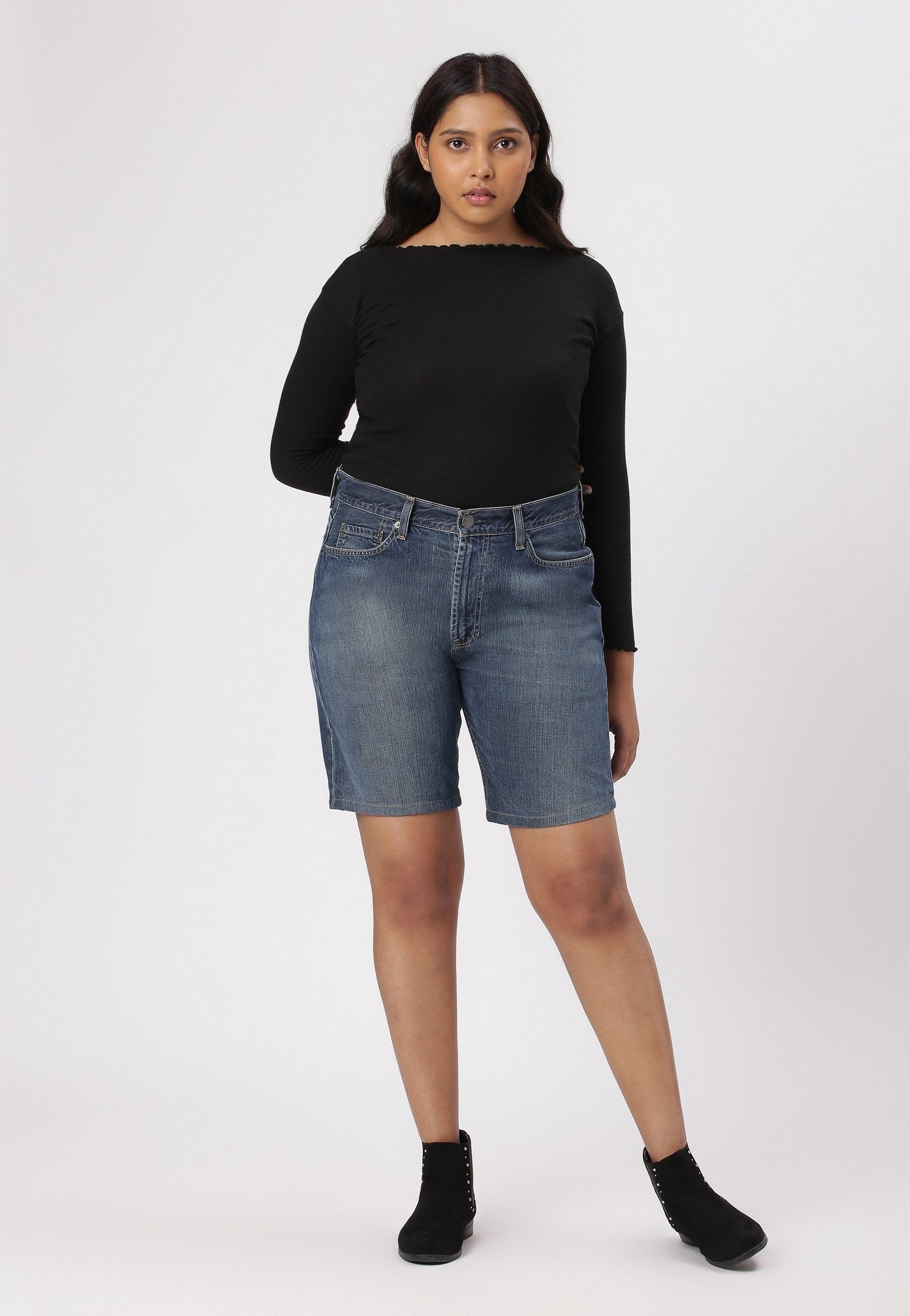 Dark Indigo High Rise Bermuda Denim Shorts