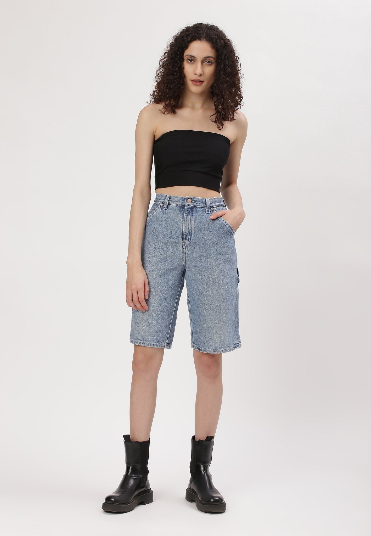 Light Indigo High Rise Bermuda Denim Shorts